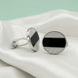 Men's Tuxedo Stud Set | Oval Silver & Black Cufflinks with 4 Matching Buttons