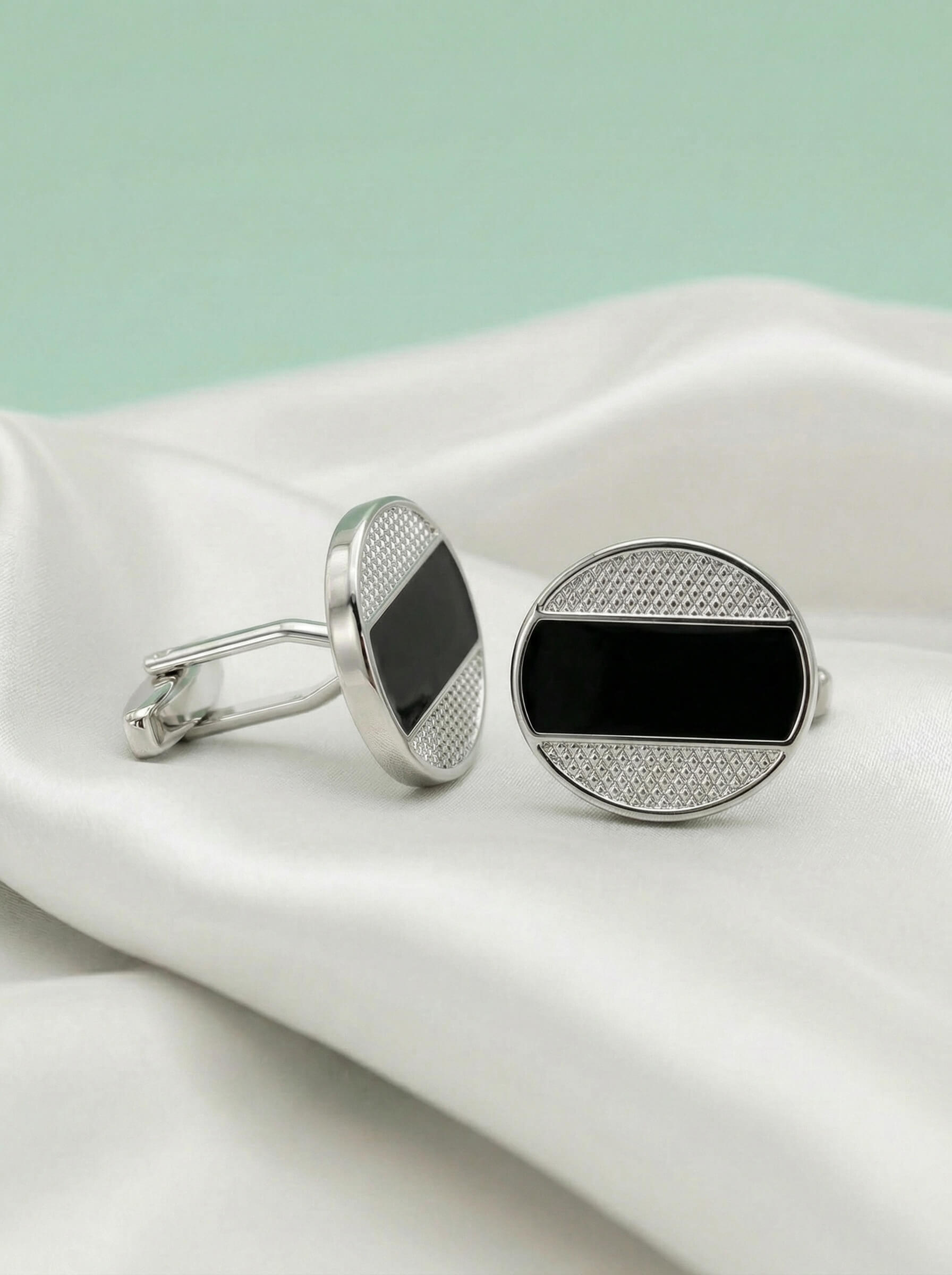 Men's Tuxedo Stud Set | Oval Silver & Black Cufflinks with 4 Matching Buttons